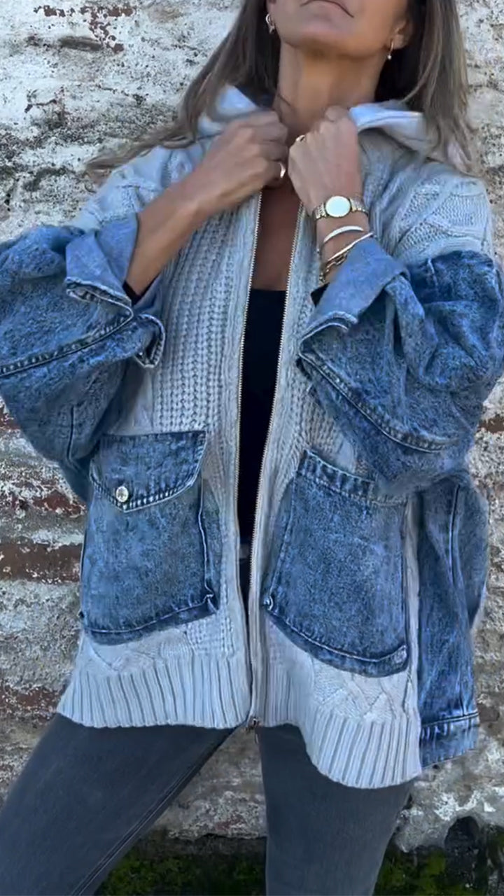 Women Round Neck Hooded Knitted Patchwork Casual Jacket