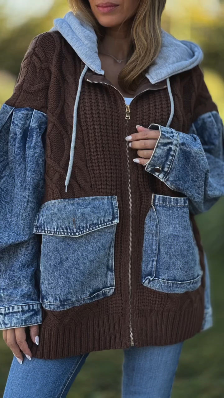 Women Round Neck Hooded Knitted Patchwork Casual Jacket