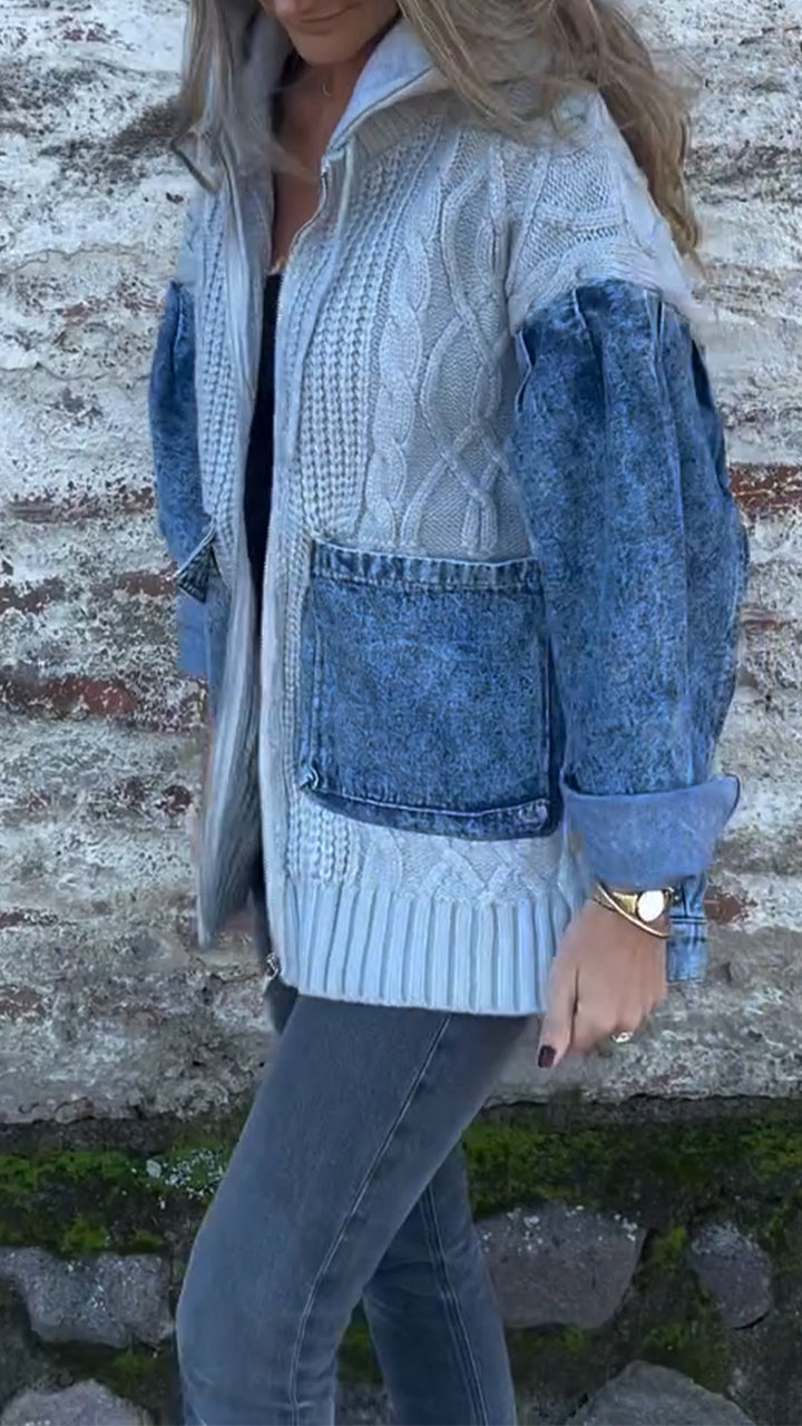 Women Round Neck Hooded Knitted Patchwork Casual Jacket