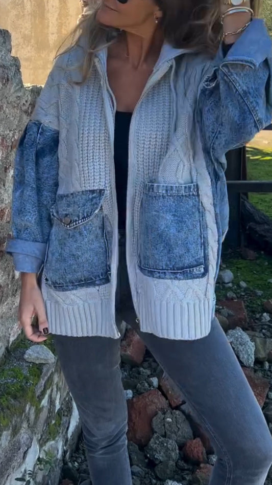 Women Round Neck Hooded Knitted Patchwork Casual Jacket
