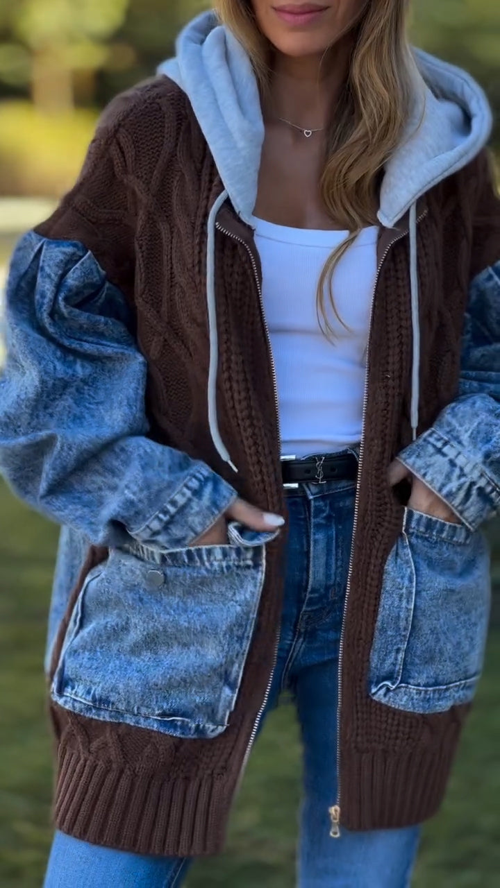 Women Round Neck Hooded Knitted Patchwork Casual Jacket